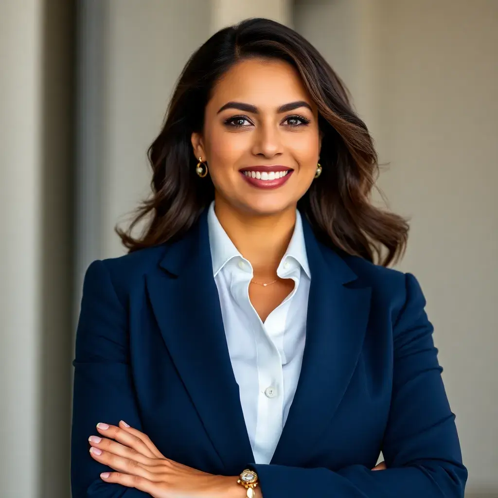 Professional woman in navy blue suit