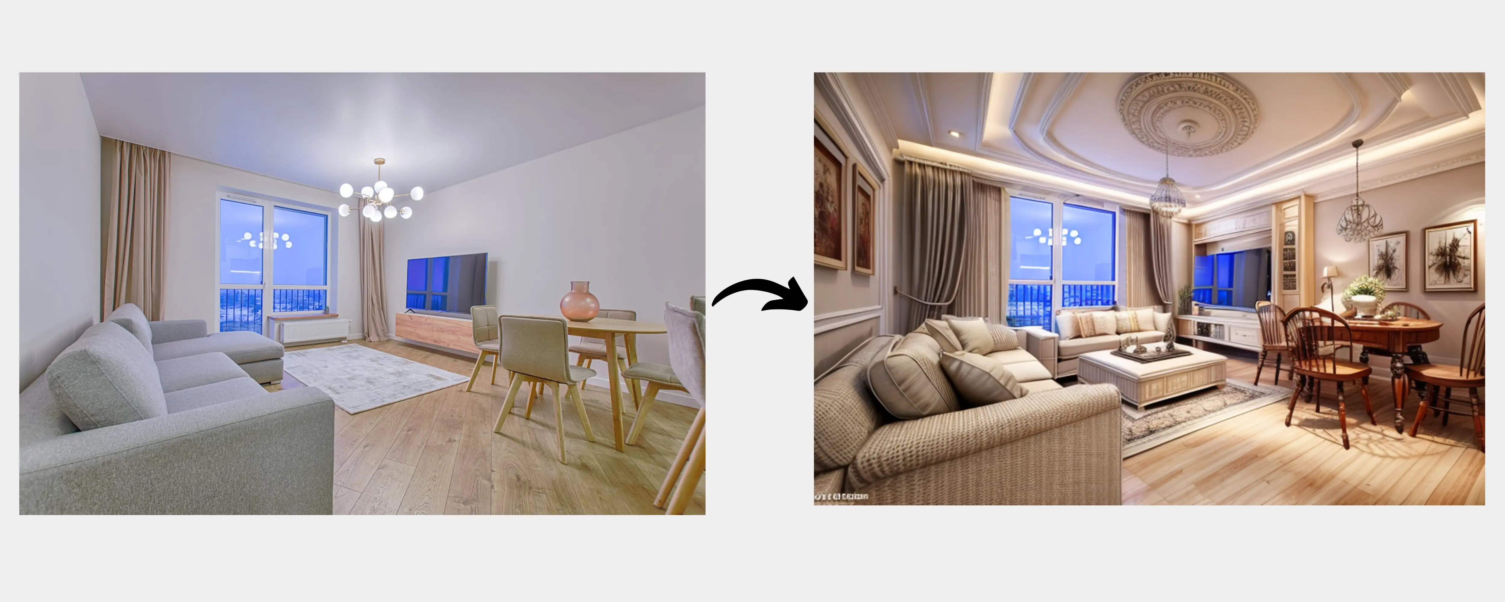 AI-generated room transformation showing before and after of a living space with modern decor